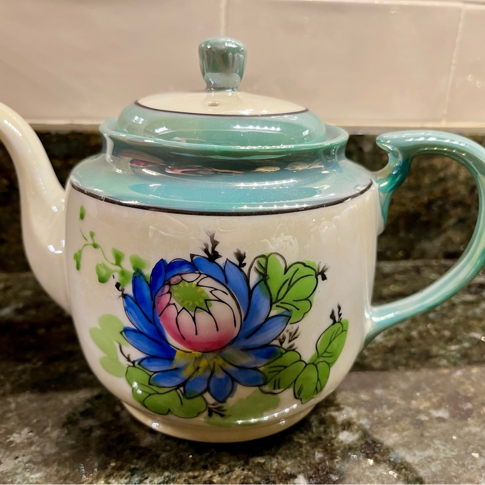 Floral Ceramic Nipon Teapot with Blue and Green Design